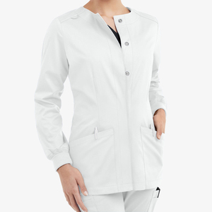 เสื้อแจ็คเก็ตยูนิฟอร์มทางการแพทย์แบบปรับแต่งได้ กระดุมแป๊ก คอปกแบบไม่มีปก แขนยาว ปลายแขนถัก มีช่องใส่ปากกา ทรงพอดีตัว ขายส่งเสื้อสครับ - Product Image 1