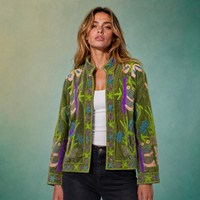 Nouvelle Veste Suzani en Velours Vert Olive Tropical Préférée, Motif Fantaisie Grenouille, Oiseau, Cactus, Papillon, Manteau d'Hiver Tendance pour Femme