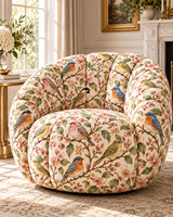 Kain Pelapis Tenun Motif Bunga Merah Muda dan Burung Biru dengan Latar Belakang Krem untuk Kursi Sofa Furnitur