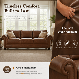 Classic Genuine Leather 3 Seater Sofa Bed with Rolled Arms Nailhead Trim Luxury Living Room Sofa <b>for</b> Home Hotel Warehouse Villa - Product Image 5