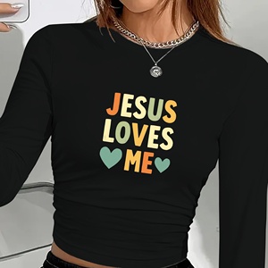 Camiseta de Punto de Manga Larga con Estampado de Jesús Me Ama, Estilo Y2K, Cuello Redondo, Manga Larga, Spandex, Poliéster, para Todas las Temporadas - Product Image 3