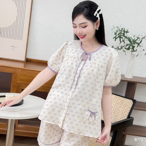 Women's <b>linen</b> home wear set with bow print B772 sweat absorbent good price - Product Image 3