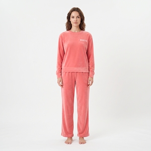 Women's <b>Pink</b> Fleece <b>Tracksuit</b> Set Crew Neck Full Sleeve Loose Fit Solid Color Heat Transfer Logo Winter Casual Wear - Product Image 1
