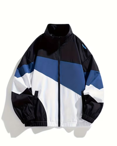 Men's Eco-Friendly Breathable Canvas Color Blocking Coated Windproof Bomber Jacket Stand Collar Single Button Closure Sporty - Product Image 1