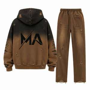 Ensemble de survêtement pour homme, marron dégradé, à capuche, style vintage, avec fermeture éclair, 100% coton, streetwear, 450 g/m², coupe adulte - Product Image 2