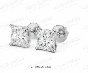 Elegant Princess Cut Solitaire Diamond <b>Stud</b> Earrings 18K White Gold Four Prong Secure Backing Timeless Bridal Luxury Fine - Product Image 3