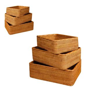 Durable Rectangular Wicker RATTAN <b>BASKET</b> / <b>TRAY</b> 3-Piece Handmade <b>Basket</b> for Bread, Rolls and Pastries - Product Image 1