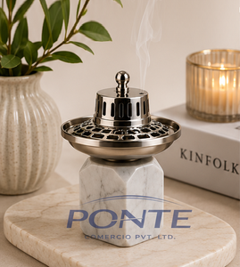 High-End Geometric White Marble Incense Burner With Stainless Steel Metal Lid Modern Minimalist Bakhoor Burner For Home <b>Decor</b> - Product Image 2