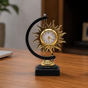 Horloge de bureau, design soleil doré, base noire, mouvement à quartz, fonctionne à piles, forme circulaire en métal, analogique, fonction snooze, moderne - Product Image 3