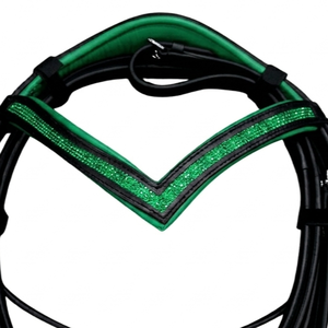 Bridon de dressage en cuir anatomique, sangle de nez rembourrée en forme de V, serre-tête vert pailleté, quincaillerie en acier inoxydable de haute qualité - Product Image 4