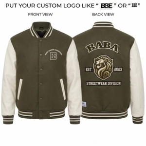 เสื้อแจ็คเก็ตวาร์ซิตี้ผู้ชายสีเขียวมะกอกกันน้ำ ยี่ห้อ BABA BASHIR EXPORTERS  ตกแต่งด้วยลายปักสิงโต  โลโก้ด้านหน้าสไตล์สตรีทแวร์  คอตั้ง - Product Image 1