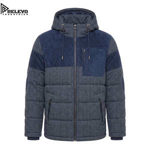 <b>Men</b> Navy <b>Blue</b> Herringbone <b>Tweed</b> & Suede-Panel Puffer <b>Jacket</b>, Heavyweight Insulated Winter <b>Jacket</b> with Hood, Full-Zip Closure - Product Image 1