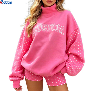 Top Trending Hot Selling Custom Polka Dot Printed Patchwork Mockneck Cozy Sweatshirt Casual <b>Short</b> Set <b>Women</b> Drop Shoulder <b>Suit</b> - Product Image 1