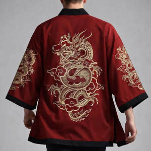 Men's <b>Red</b> Chinese Style Sporty Double Breasted Casual <b>Shirt</b> Dragon Print Full Sleeve Cotton/Bamboo Fiber Collarless Autumn Wear - Product Image 5
