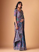 Sari en soie Chinon de créateur TENNECY pour femme, avec bordure à passepoil, pompons Latkan, travail de miroir authentique, réversible, longueur cheville, pour soirée
