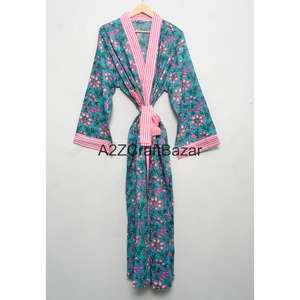 Robe longue de luxe pour femme 100 % coton, imprimée à la main, col en V, manches trois-quarts, fermeture à cordon, motif floral sur le devant - Product Image 3