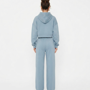 Women's Light <b>Blue</b> Hooded <b>Cropped</b> Sweatshirt and Joggers Set with Embroidered Logo Casual Fleece Two-Piece Outfit Tracksuit - Product Image 5