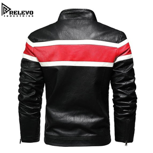 <b>Men</b> Black Leatherette Racing <b>Jacket</b> with Red and <b>White</b> Stripes, Casual Zip Up Biker Coat with Stand Collar and Buckle Detail - Product Image 2