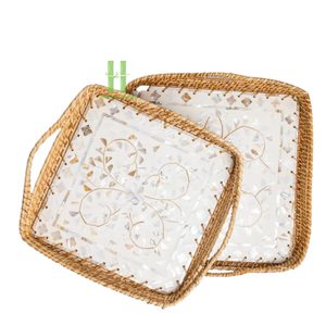 Plateau élégant en rotin et nacre avec poignée Assiettes à vaisselle avec variété de motifs Plateau de service Ramadan du Vietnam - Product Image 2