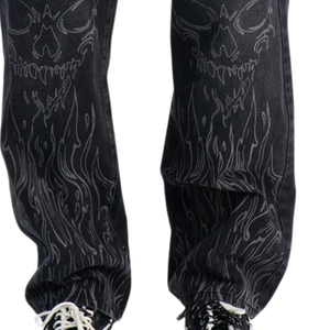 Pantalones Vaqueros Negros para Hombre, Diseño de Calavera en Llamas, Corte Recto, Estilo Vintage Lavado, Ropa Casual Urbana, Pantalones Personalizados de Moda para Hombre - Product Image 5