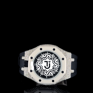 Montre de luxe pour homme, cadran blanc, bracelet noir, lunette en argent avec strass, diamants Moissanite VVS, montre personnalisée - Product Image 1