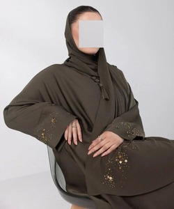 Vestido Musulmán de Lujo Estilo Turco, Poliéster Transpirable, Elástico en Cuatro Direcciones, Ligero, Antiarrugas, Cuello en V, Manga Larga, Largo hasta el Tobillo, Color Sólido - Product Image 4