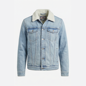 Light Blue Denim <b>Jacket</b> With Shearling Collar Regular Fit Stonewashed Cotton Casual Autumn Style Men's <b>Jacket</b> - Product Image 1