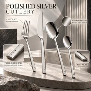 Ensemble de couverts en acier inoxydable argenté avec finition polie, poignées à trois points, quatre pièces, ustensiles de table |   Ensemble de vaisselle de luxe raffinée - Product Image 5