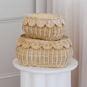 Handwoven Scalloped <b>Basket</b> Set Of 2 Elegant <b>Wicker</b> <b>Basket</b> <b>Storage</b> with Scallop Edge Lid Nursery <b>Storage</b> Clothing Organizing - Product Image 2