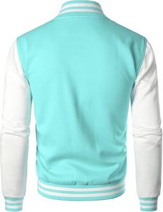 Light Blue Varsity <b>Jacket</b> With <b>White</b> Sleeves Regular Fit Button Closure <b>Men's</b> Casual Autumn Wear - Product Image 3