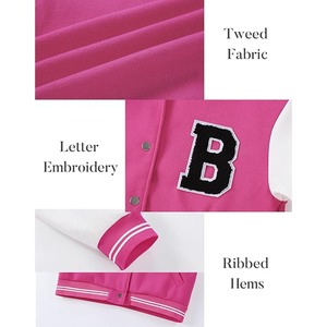 Pink Varsity Jacket With <b>White</b> Sleeves And Letter B Embroidery Full Sleeve <b>Button</b> Up Turn Down Collar Autumn Wear - Product Image 4