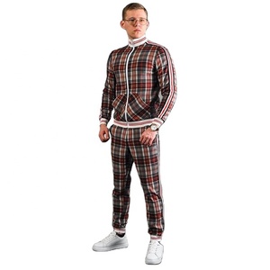 Hot Product Men's Check Print Sublimated Bomber <b>Jacket</b> Track Suit Zip Enclosure Ribbed Hem & Cuffs Side Stripe Zipper Sweat Suit - Product Image 1