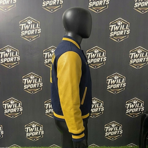 Custom for Navy Blue <b>Yellow</b> Men's Winter Varsity Letterman Jacket <b>Wool</b> Body Leather Sleeves College Team Sport Bomber - Product Image 4