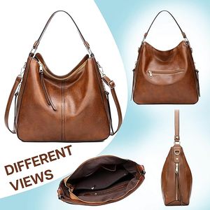Sac hobo en cuir véritable pour femme, sac à main classique à bandoulière, grande capacité, fermeture éclair, deux sangles, usage quotidien, marron, polyester - Product Image 2