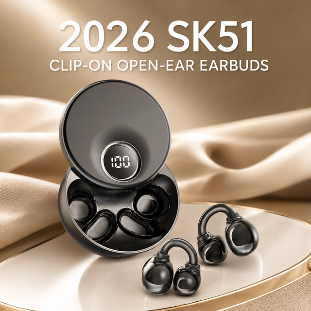 HD Factory Private-mold 2026 SK51 Clip on Open Ear Earbuds 6.0 ENC Noise Reduction 360 Rotating Case Long Battery Wireless