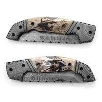 Couteau de camping pliant à lame droite en acier Damas OEM personnalisé - Manche en os de chameau gravé au laser - Desert Gunslinger