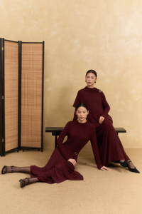 Burgundy Summer Woven Midi <b>Dress</b>, Striped Button Detail, Turtle Neck, Breathable Fabric, <b>Loose</b> Fit, Minimalist Casual Style (OEM - Product Image 4
