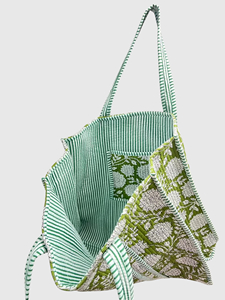 <b>Green</b> Floral Panelled Cotton Tote <b>Bag</b> Bohemian Style Open Closure Women's Shopping <b>Bag</b> All Seasons - Product Image 5
