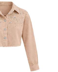 Chaqueta Vaquera Corta Beige Personalizada para Mujer con Adornos de Diamantes de Imitación en los Hombros, Botones y Manga Larga, Estilo Casual y Moderno - Product Image 4
