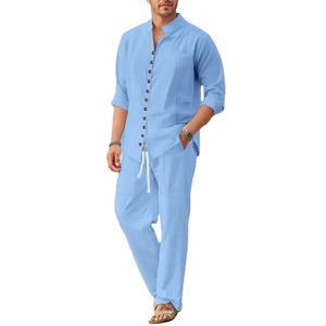 2025 primavera y otoño estilo cubano moda camisa de hombre tendencia casual multibotón cuello alto pantalones sueltos de manga larga traje de playa - Product Image 1