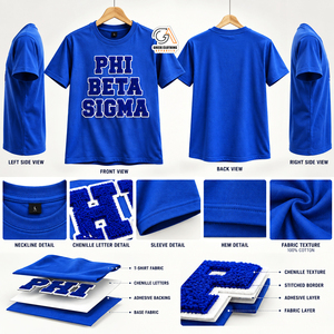 T-shirt personnalisé pour homme Phi Beta Sigma, bleu, manches courtes, col rond, coupe classique, formel, 100 % coton, logo frontal, jersey écologique, finition soignée - Product Image 5