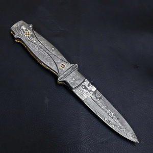 Couteau de poche pliant en acier Damas forgé à la main, manche en acier Damas, couteau de camping et de bushcraft, marque privée OEM - Product Image 2