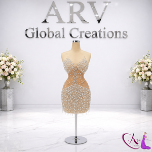 Robe courte à paillettes champagne pour femmes |   Robe de soirée sans manches de créateur |   Tenue de soirée ornée de perles, faite à la main - Product Image 3