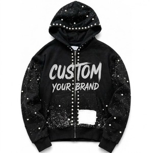 Sweat à capuche zippé personnalisé effet vintage, lourd, avec logo imprimé, délavé à l'acide, strass et sérigraphie, style streetwear en molleton - Product Image 2