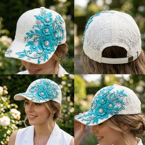 Graceful <b>Women</b> Lace Baseball Hat With Premium Floral Lace Embroidery Rhinestone Details <b>Back</b> Strap Casual Summer Headwear - Product Image 6