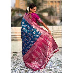 Sari Azul Banarasi con Jaal en Contraste, Tejido en Seda Suave con Zari, Chal Tradicional Indio - Product Image 4
