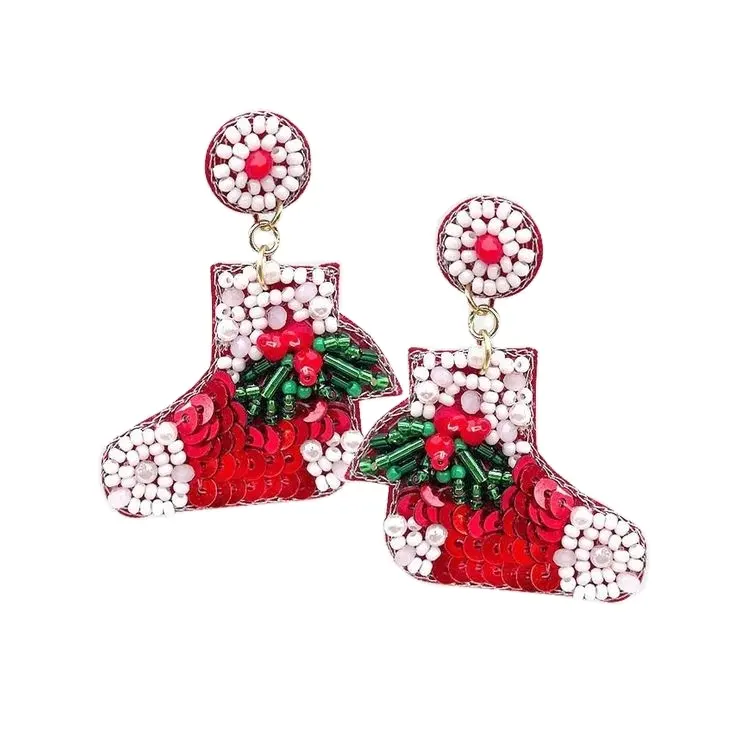 Bead and sequin Christmas stocking earrings Christmas boots beaded holiday earrings festive and fun Christmas earrings
