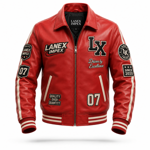 Custom Red <b>Leather</b> Varsity <b>Jacket</b> <b>Men</b> Embroidered Letterman Bomber <b>Jacket</b> with Chenille Patches OEM ODM Wholesale Manufacturer - Product Image 2