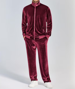Ensemble de survêtement en velours bordeaux pour homme, manches longues, couleur unie, pantalon de jogging décontracté, coupe régulière, vêtements d'hiver - Product Image 2