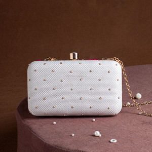 Bridal Zardozi Embroidered Pearl Half Moon Silk Clutch Bag with Golden Thread Work Casual Classic Fashion Soft Indian Purse - Product Image 2